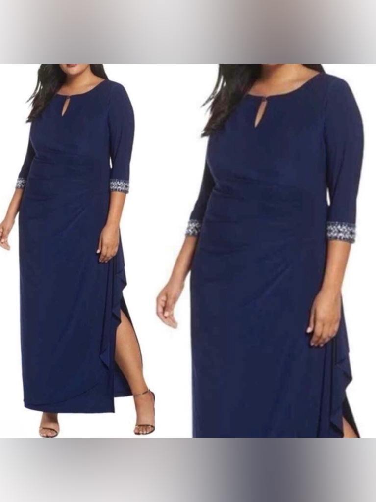 Alex Evenings Plus Size Keyhole Neck Ruched Embellished Cuff Gown Size 18
